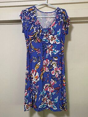 Escape, beautiful purple/blue dress w/multi-color flowers, size S